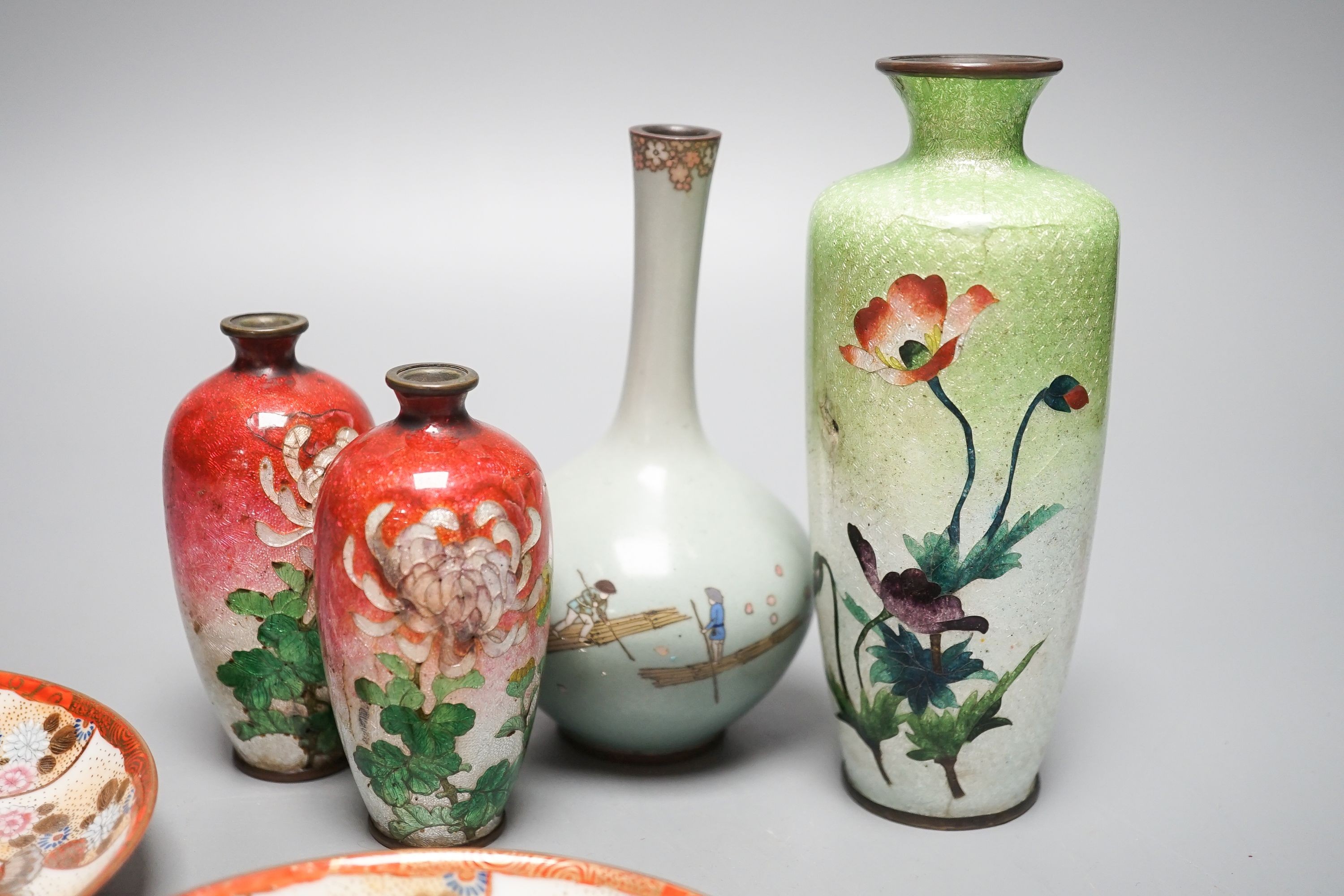 Four Japanese cloisonné enamel vases (three ginbari), tallest 14.5cm and two Kutani saucers, Meiji period (6)